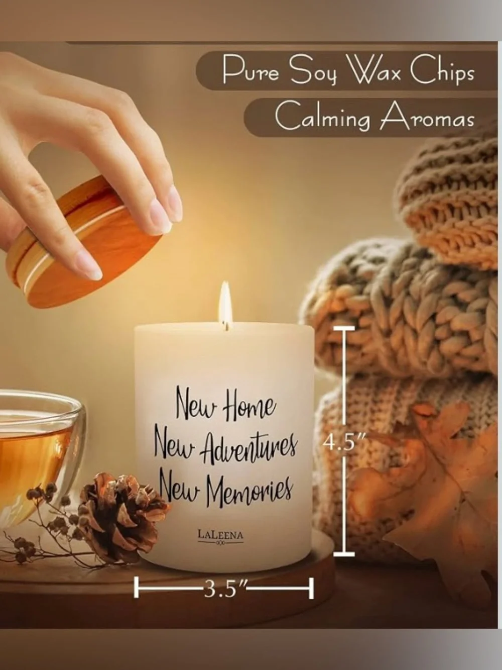 Laleena 14 oz Natural Soy Wax Candle Jasmine “New Home Ne Adventure Nee Memories